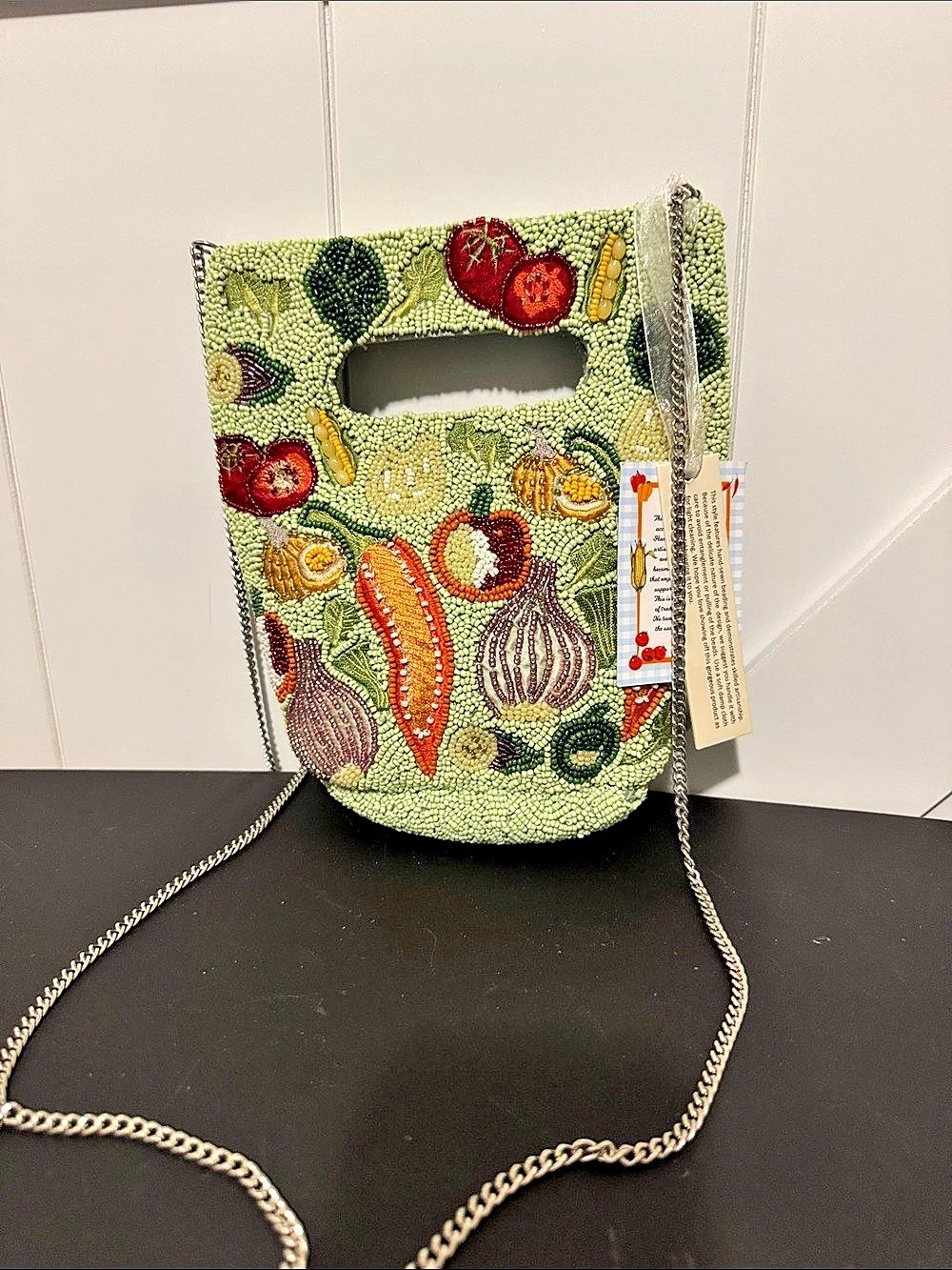 Beaded Vegetable Motif Mini Crossbody Bag, Green & Red